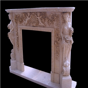 Beige Marble Western Style/Victorian Style Handcaved Fireplace