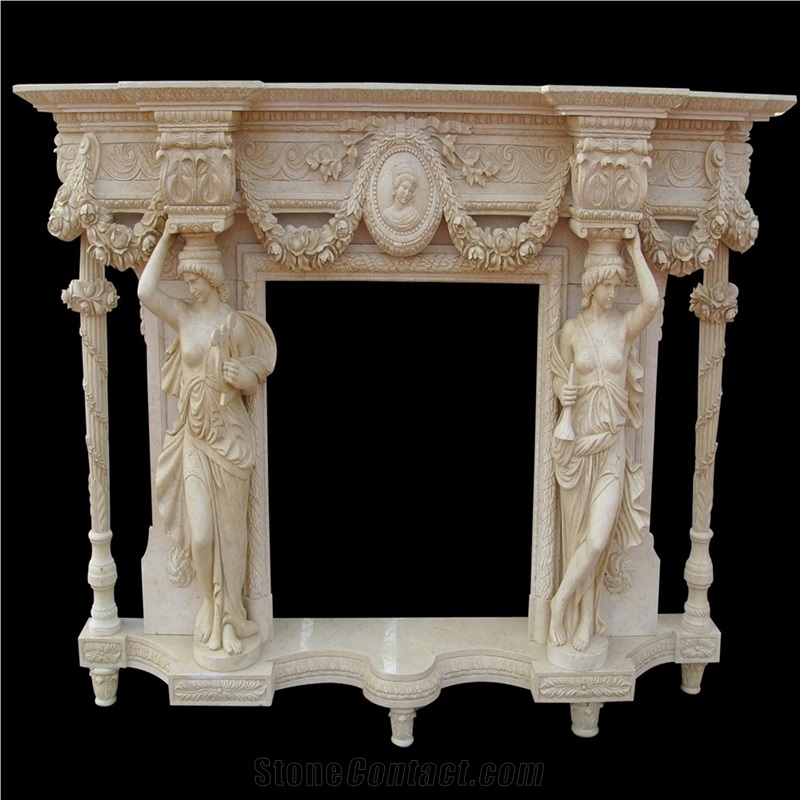 Beige Yellow Marble Fireplace/Victorian Style Sculpture Fireplace