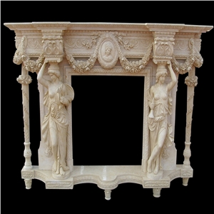 Beige Yellow Marble Fireplace/Victorian Style Sculpture Fireplace