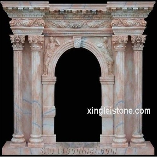 Colorful/Beige Marble Fireplace, Western Style Hand Carved Fireplace