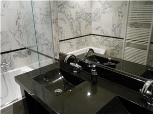 Black Granite Solid Vanity Bath Top, Arabescato Marble Wall