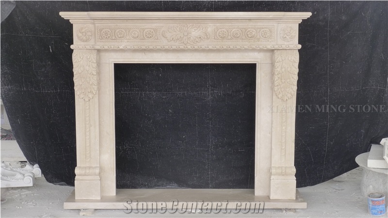 Beige Limestone Interior Fireplace Hearth,Cream Sea Shell Stone