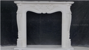 China Han White Marble Fireplace Mantel Handcarved Flower Sculpture,Snow White Fireplace Hearth for Interior Stone