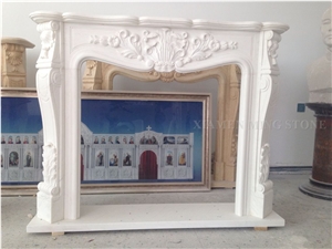 Pure Snow Marble Honed Flower Design Handcarved Fireplace Mantel