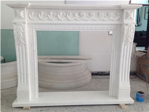 Pure Snow Marble Honed Flower Design Handcarved Fireplace Mantel