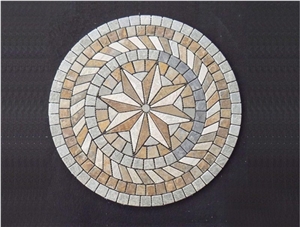 60 Inches Round Mosaic Medallions Yellow Slate Stone Rosettes