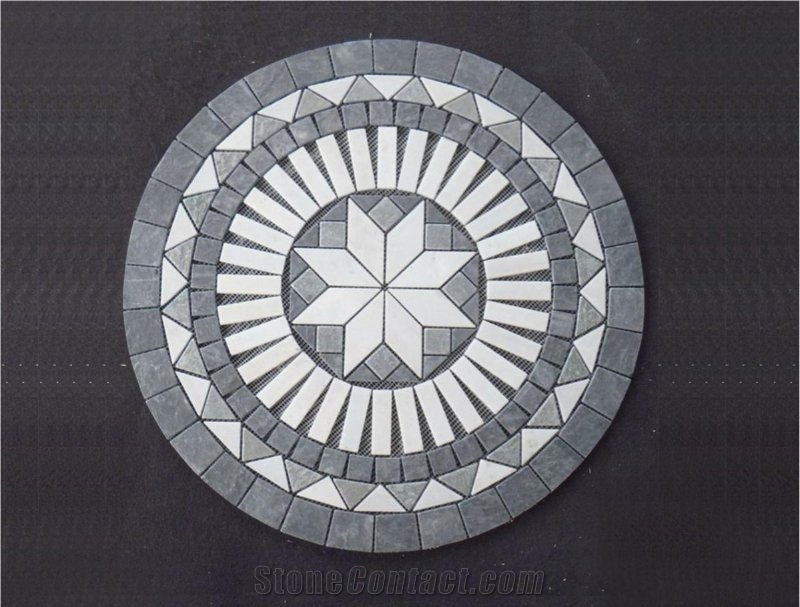 60 Inches Round Mosaic Medallions Yellow Slate Stone Rosettes
