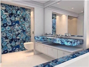 Polished Bathroom Blue Agate Semi Precious Gemstone Vanity Top, Bath Remodelings