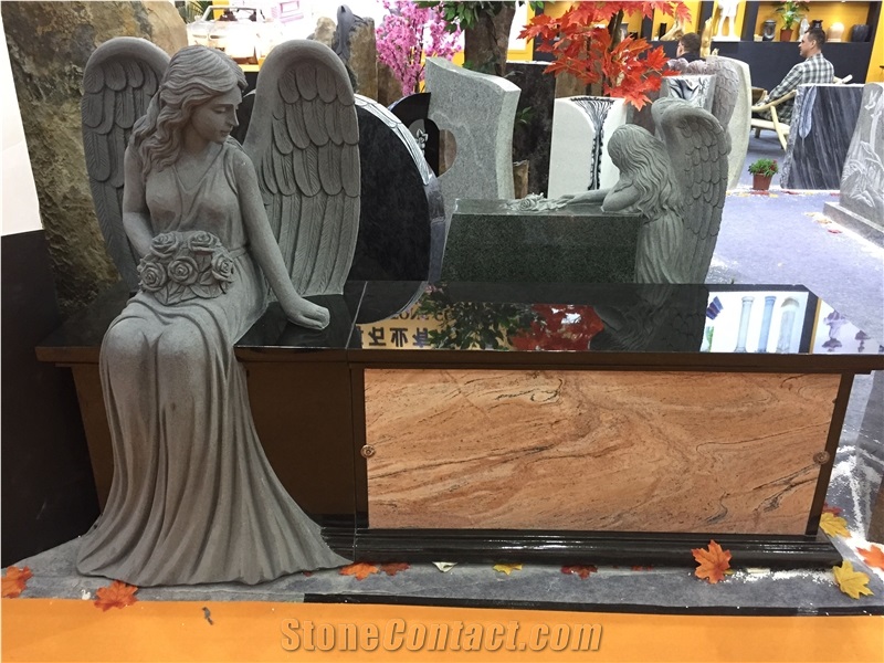 China Black Granite Bench For Tombstone Custom Angel Bench
