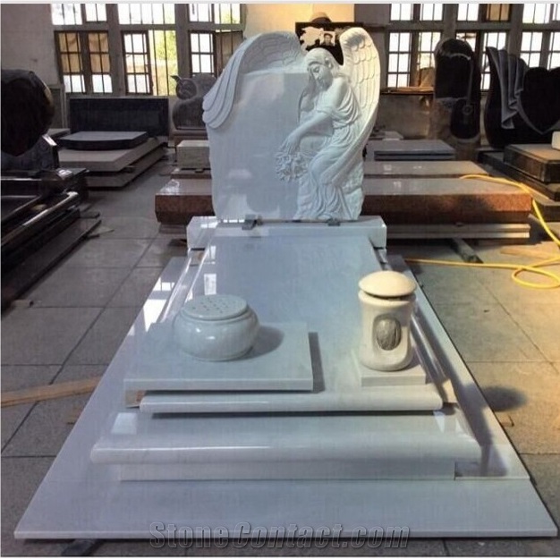Competitive Price White Marble Stone Sweeping Angel Bench Headstone
