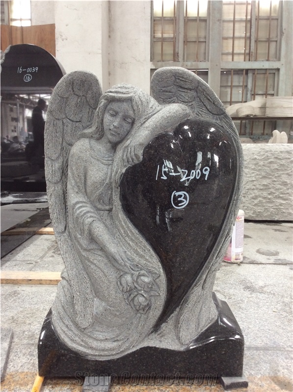 Shanxi Black Granite Angel Monument Heart Angel Engraved Tombstones