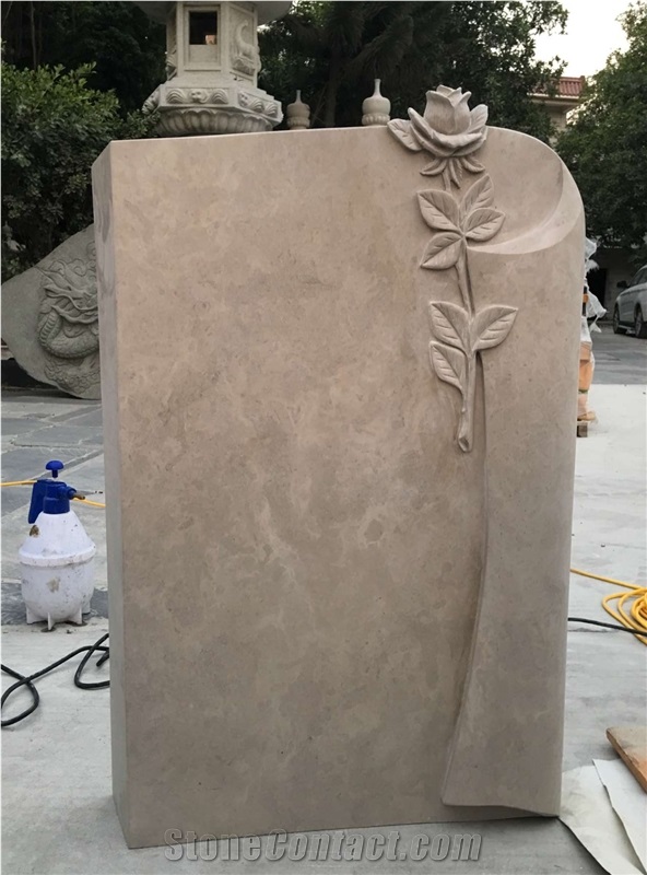 Tombstone & Monument,Beige Marble Carving Headstone Rose Carving