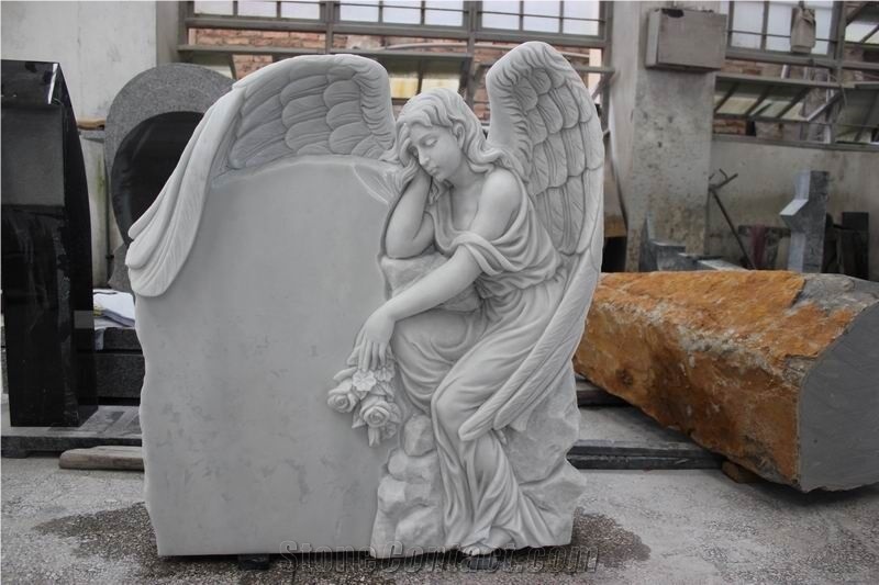 White Marble Angel Tombstone Engraved Headstone Custom Cemetery Monument