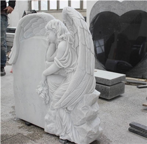 White Marble Angel Tombstone Engraved Headstone Custom Cemetery Monument