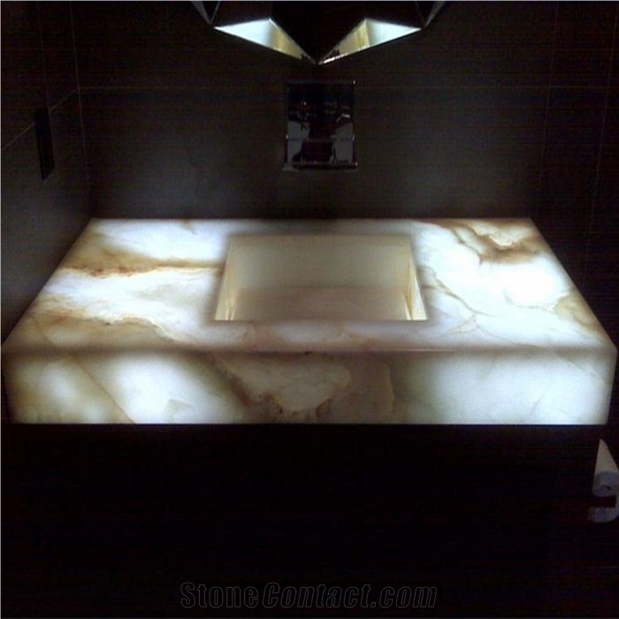 Translucent Snow White Golden White Onyx Bathroom Vanitytop Vanity Top