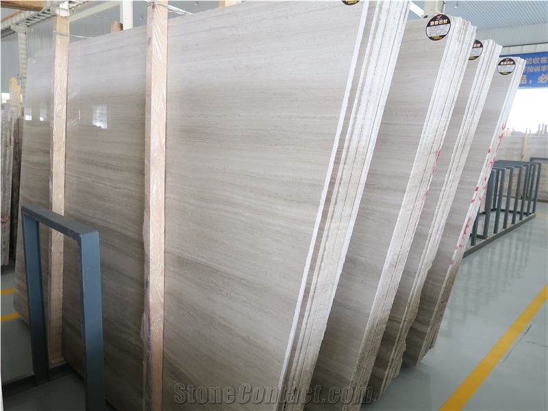 China Wood Marble Quarry Owner White Wooden Slab Polished 1.8cm