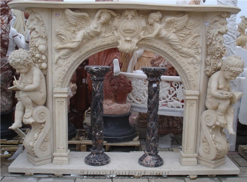Brown Limestone Fireplace Sculpture Mantel Statue