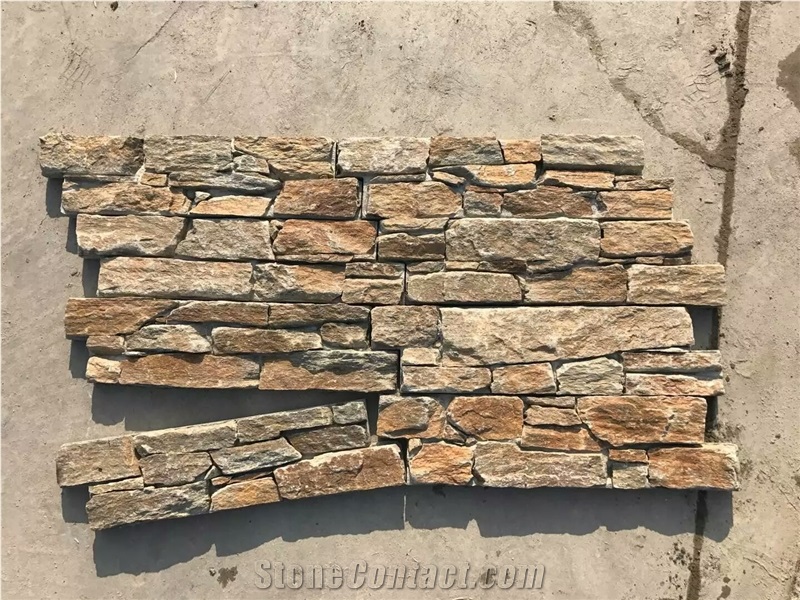 Yellow Brown Rock Face Culture Stone Cement Back Castle Veneer Wall Panel