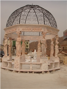 Hand Carved Cloud Pink Marble Gazebo Backyard Pergola with Dome