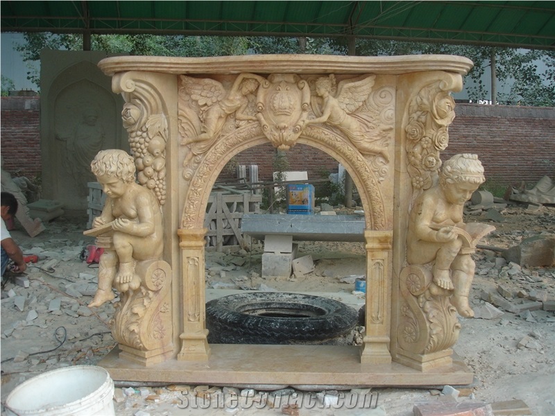 Hand Carved Marble Fireplace Mantel with Sculpture