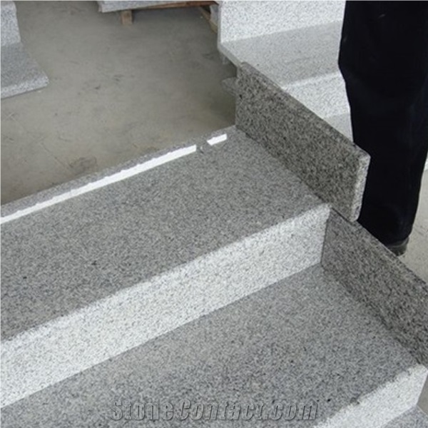 Sesame White Flamed Granite Slabs & Tiles, China G603 Light Grey,Cheap Bianco Crystal Granite in Stairs Steps with Anti Slip, Beveled Long Edge, Treads and Risers, Natural Building Stone Interior