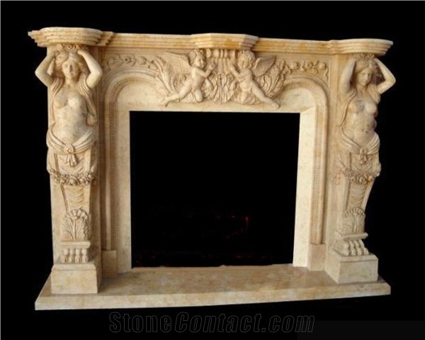 China Beige Marble Handcarved Fireplace,Traditional Style Fireplace