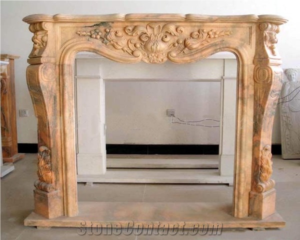 China Cloudy Rosa Fireplace,Yellow Handcarved Fireplace