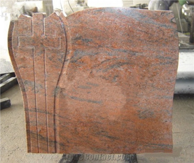 Multicolor Red Polished Granite Monument, Cross Headstone, Western Style Carved Tombstone