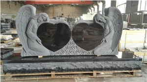 Shanxi Black Carved Monument, Two Hearts Tombstone, Rose Carving Black Headstone with Base, Western Style Memorial Stone