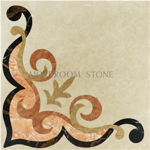 Orange Red & Portopo Water-Jet Ceramic Backed Marble Medallion, Beige Marble Medallion