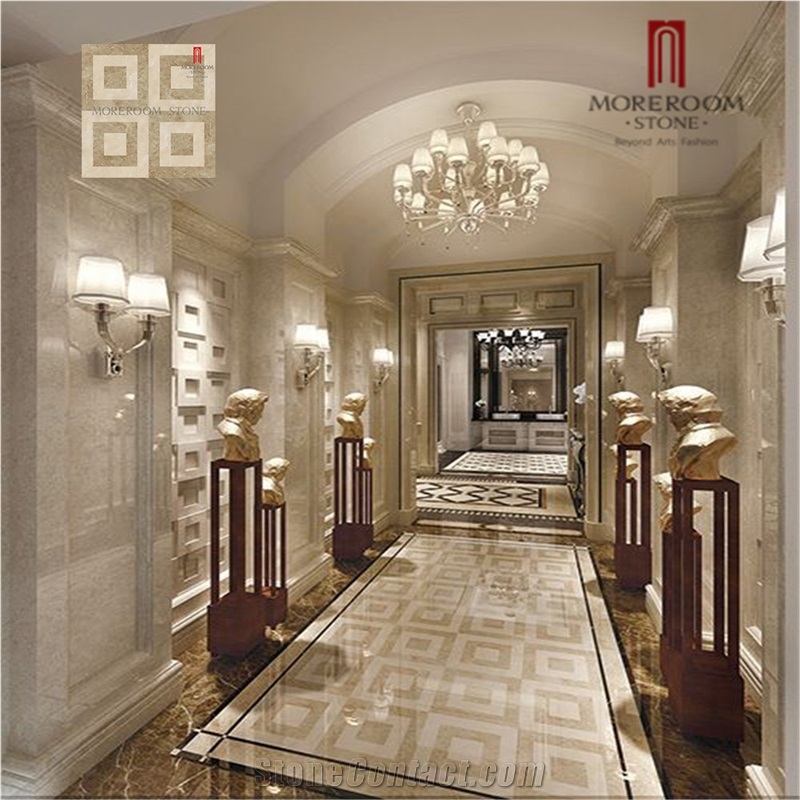 Turkish Polished Waterjet Hotel Lobby Design Beige Color Laminated Panel Marble Flooring Design