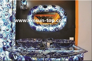 Blue Agate Semiprecious Bath Tops with Sinks/Blue Semi Precious Vanity Tops/Custom Vanity Tops/Bathroom Vanity Tops/Natural Stone Bathroom/Interior Decoration/Bathroom Countertop for Hotel