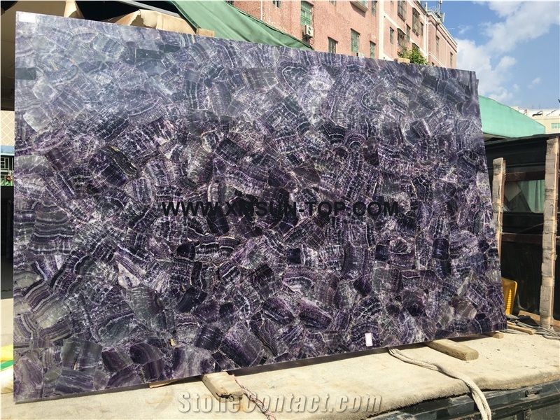 Polished Fluroite Semiprecious Stone Slab/Luxury Purple Semi-Precious Stone with White Backlit/Lilac Semi Precious Stone Slab for Wall Cladding&Flooring/Semi-Precious Stone Panel/Interior Decoration