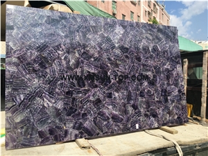 Polished Fluroite Semiprecious Stone Slab/Luxury Purple Semi-Precious Stone with White Backlit/Lilac Semi Precious Stone Slab for Wall Cladding&Flooring/Semi-Precious Stone Panel/Interior Decoration