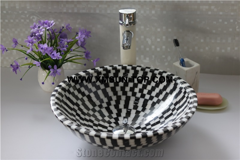 White and Black Mosaic Bathroom Sinks&Basin/Round Mosaic Sinks&Basins/Natural Stone Mosaic Basins&Sinks/Wash Basins/Interior Decorative/Customized Mosaic Basin&Sinks/Multicolor Basins&Sinks