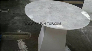 White Crystal Semi Precious Stone Table Top Design/Pure White Semiprecious Stone Round Table Tops/Inlayed Tabletops/Interior Table Top/Reception Desk/Work Top/Semi-Precious Stone Tabletops
