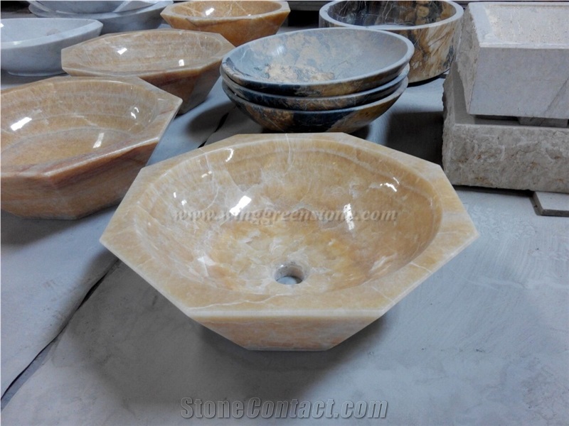 Yellow Onyx Wash Basin, Natural Onyx Bathroom Sink, Wash Bowls, Octagon Shape Wash Sinks