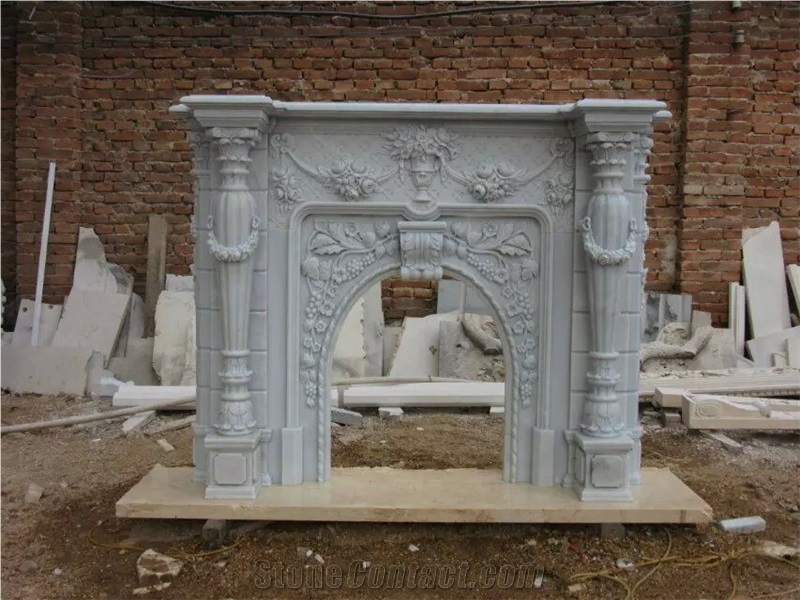 Ariston White Marble Fireplace, Handcarved Fireplace