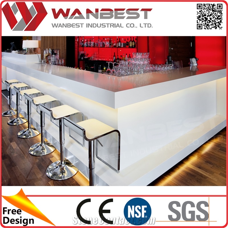 Luxury White Solid Surface Stone Top Led Lighting Bar Counter with Chair