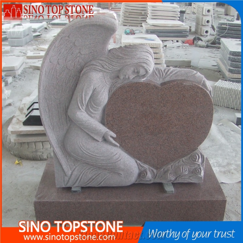 G562 Maple Red Granite with Angle Heart Headstone Monument Tombstone