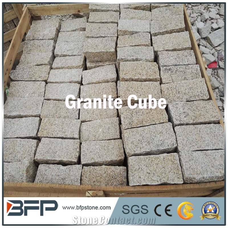 G682 China Yellow Rustic Golden Sand Sunset Yellow Desert Gold Granite Flamed or Cleft or Bushhammered Cube Stone Paver
