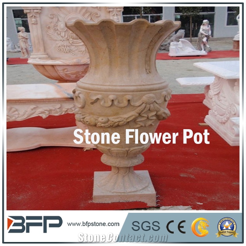 Granite Sculpture Flower Pot for Landscaping 01, Beige Granite Flower Pot