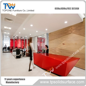 Red Color Acrylic Solid Surface Fancy Design Salon Receptioin Desk, Red Artificial Marble Stone Straight Salon Front Desk Tops