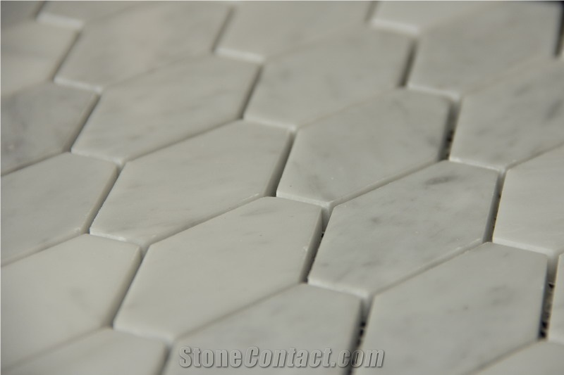 Carrara White 1-1/4x3 Elongated Hexagon Mosaic Pofung Marble