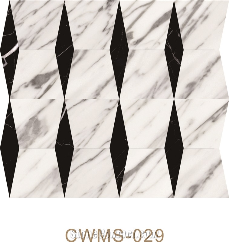 Carrara White/Venato Carrara Mosaic+Black Marqunia Tiles Pofung Marble