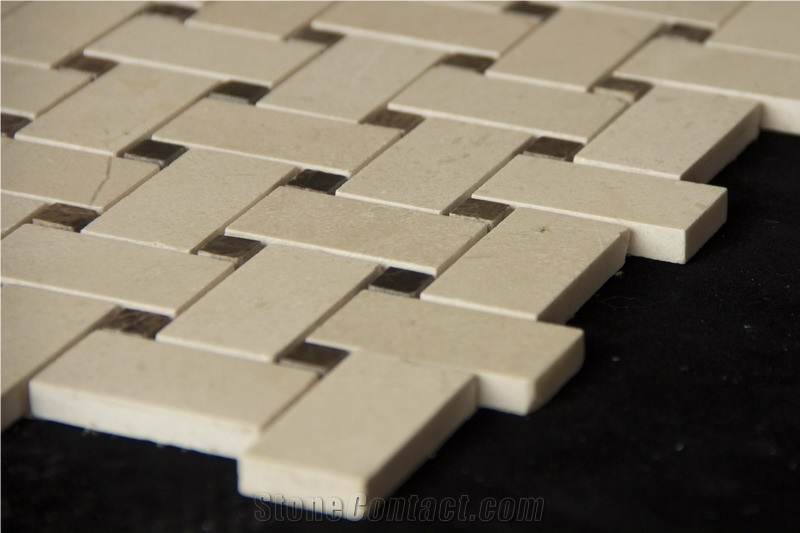 Crema Marfil 1x2 Baseketweave Mosaic Tiles/Brown Dots Pofung Marble