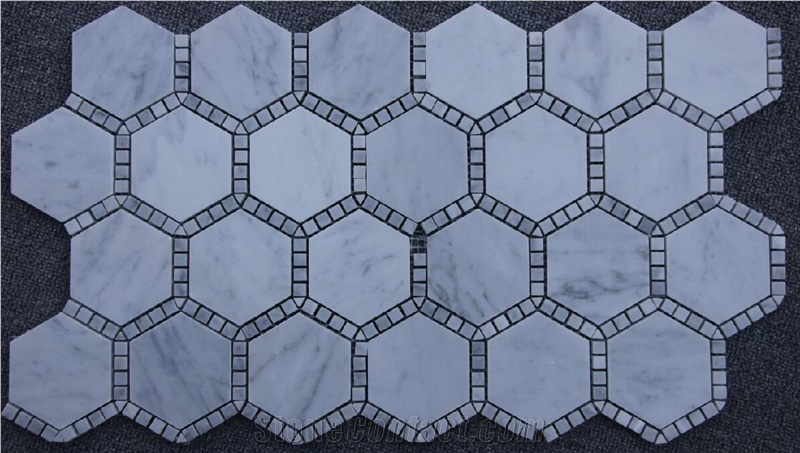 Natural Marble Carrara White Hexagon with Long Stirp/Small Dot Mosaic Tiles