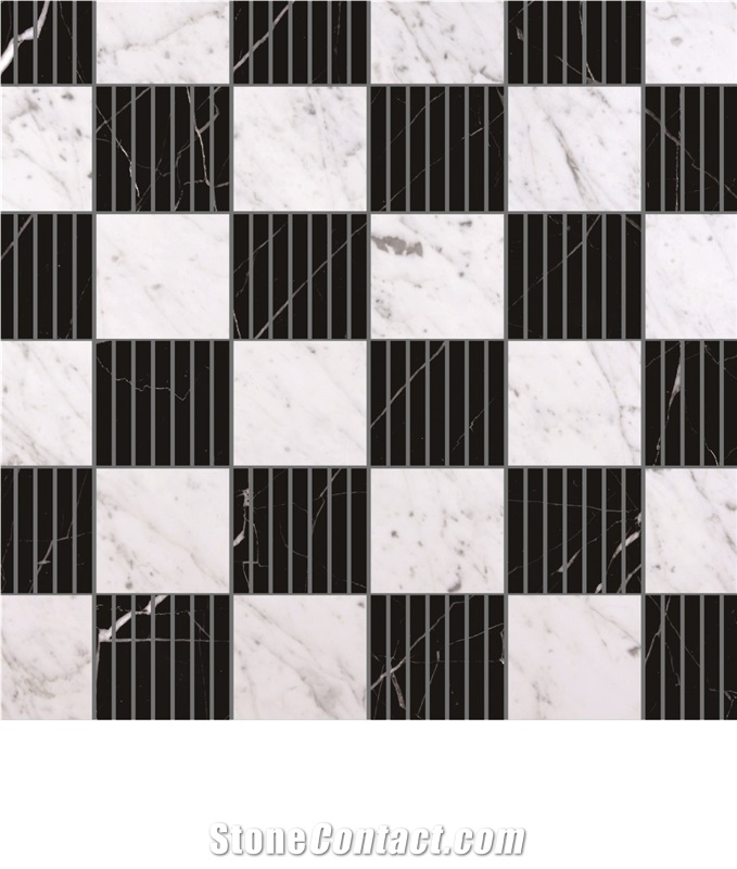 Pofung Marble Carrara White/Venato Carrara+Black Marquina Mosaic