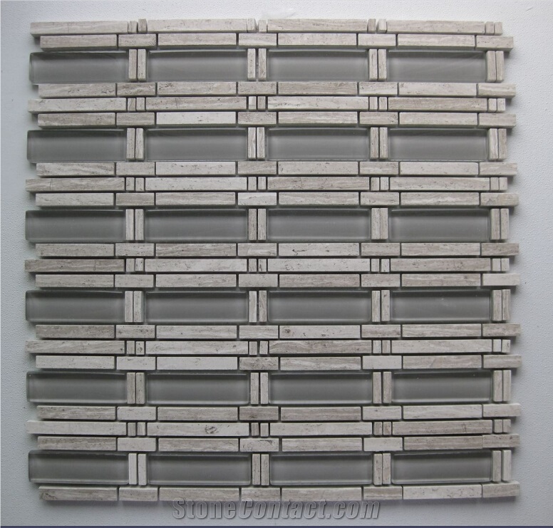 Light Wood Marble Mix Grey Crystal Glass Mosaic Tile