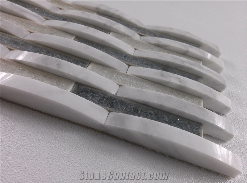 White Carrara Mix Crackle Ceramic Glass Mosaic Mesh Mounted Tile